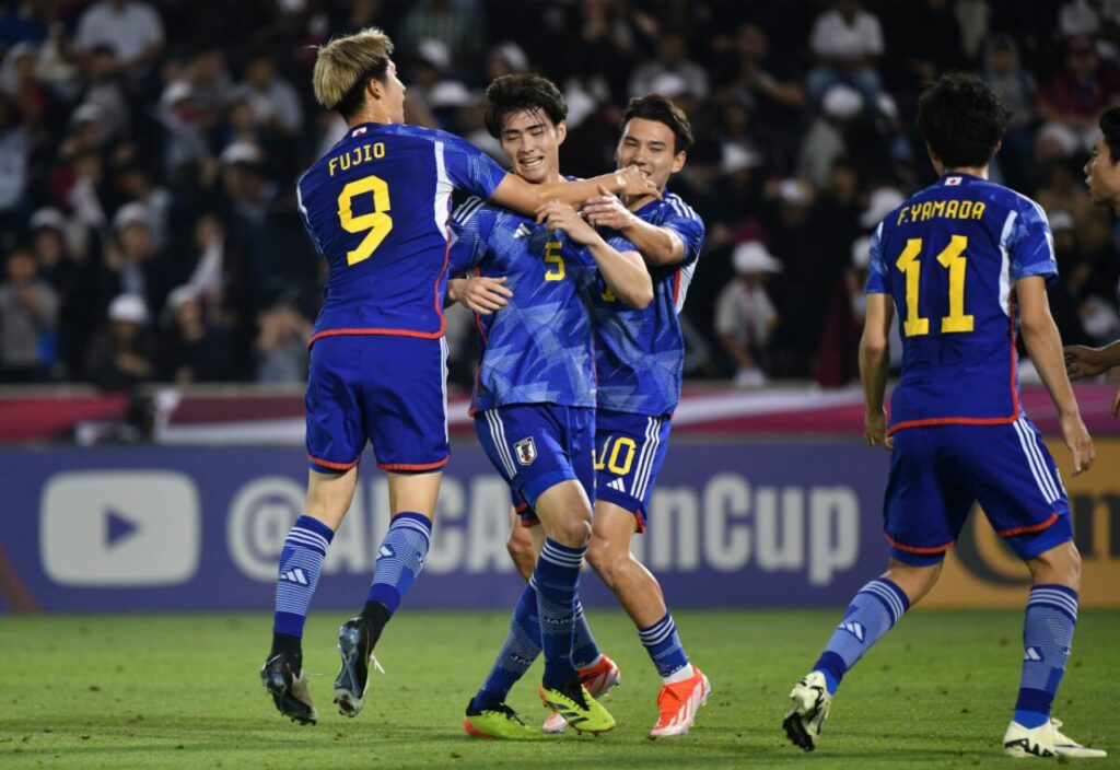 Niềm vui chiến thắng của các cầu thủ U23 Nhật Bản trong trận đấu U23 Qatar 2-4 U23 Nhật Bản