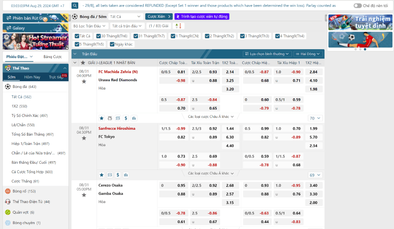 bảng cược J League tại W88
