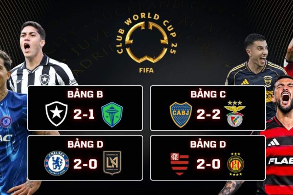 Botafogo 2-1 Seattle Sounders, Chelsea 2-0 LAFC, Boca Juniors 2-2 Benfica, Flamengo 2-0 ES Tunis