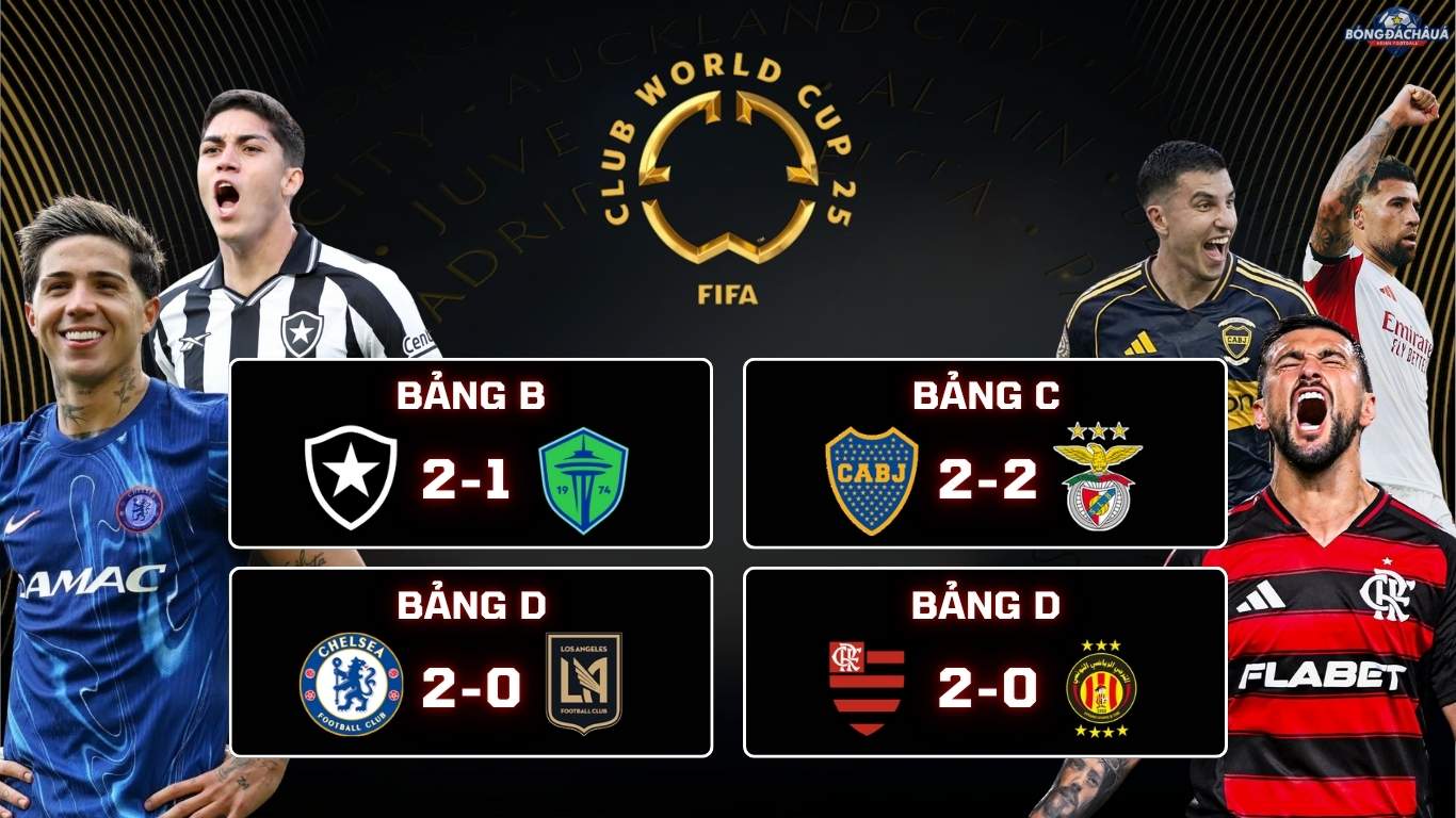 Botafogo 2-1 Seattle Sounders, Chelsea 2-0 LAFC, Boca Juniors 2-2 Benfica, Flamengo 2-0 ES Tunis