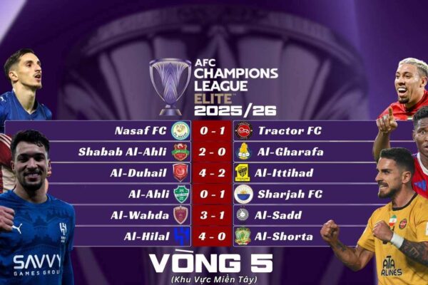 Kết Quả Lượt Trận Thứ Năm Vòng Bảng AFC Champions League Elite 2025/26 Khu Vực Miền Tây