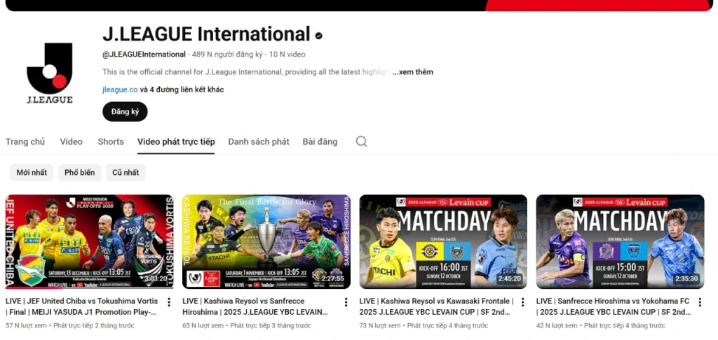 Kênh YouTube J.LEAGUE International, phát trực tiếp các trận J1 League.