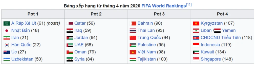 Đội tuyển Việt Nam nằm trong nhóm hạt giống số 3, đạt hạng 98 trên BXH FIFA. Ảnh: Wiki